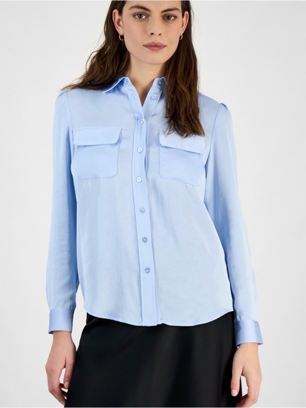 Bar III Satin Button Up Blouse Blue Long Sleeve Office Career Top Medium NWT